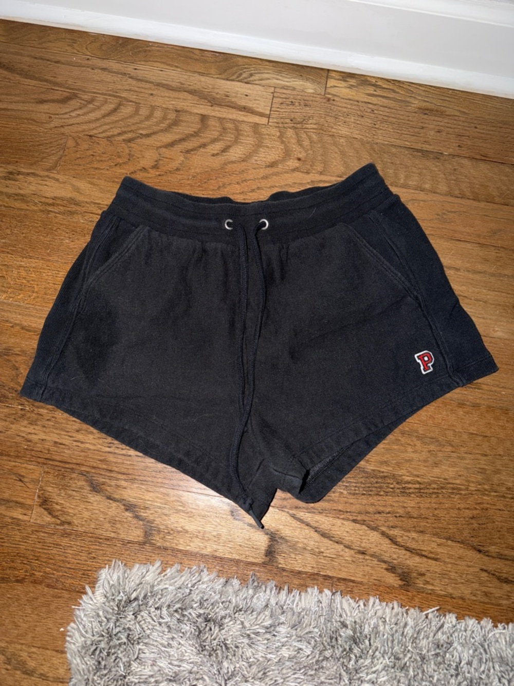 PINK Victoria's Secret Black Drawstring Athletic Shorts with Red 'P' Logo